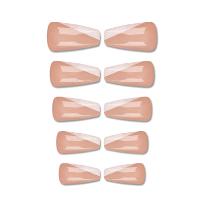 Pure Elegance | Natural | Nude Pink, White French | Glossy | Ballerina | Extra Long | Reusable Press On Nails Set