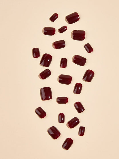 Sweet Taste | Dark Red, Burgundy | Glossy | Square, Coffin | Short, Medium | Reusable Press On Nails Set