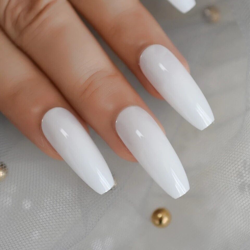 Milky Dream | White | Glossy | Ballerina | Extra Long | Reusable Press On Nails Set