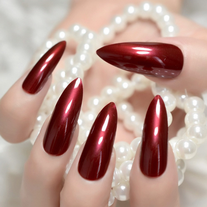 Passion Belle | Dark Red Burgundy | Glossy | Sharp, Stiletto | Extra Long | Reusable Press On Nails Set